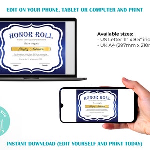 Editable Honor Roll Certificate Template, Royal Blue School Award Printable Award, Elementary High School Award, Certificate Download image 2