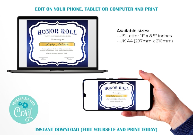 Editable Honor Roll Certificate Template, Royal Blue School Award Printable Award, Elementary High School Award, Certificate Download image 2