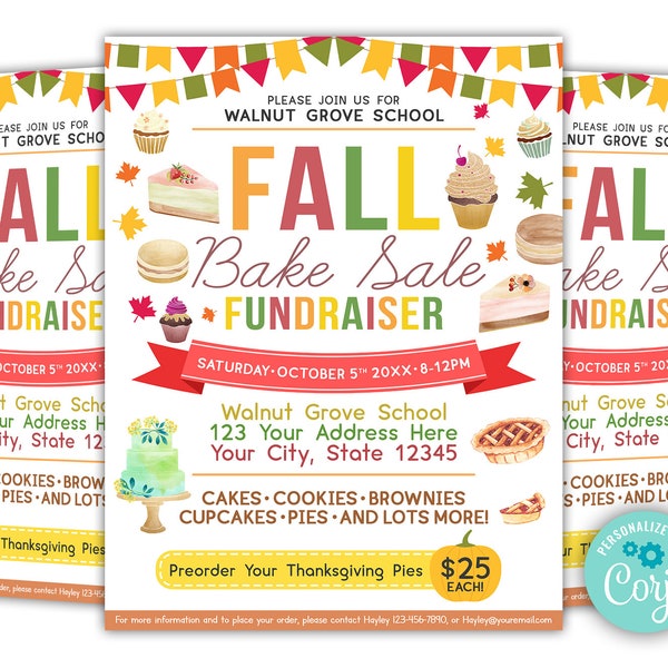 Editable Fall Bake Sale Flyer, Printable Halloween Invite, Community Fundraiser Invitation, Fall Flyer Template for Church School Fundraiser