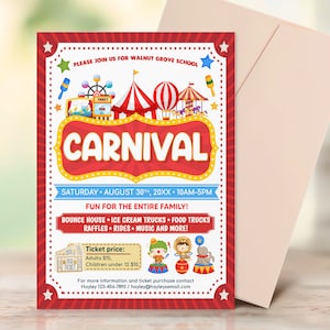 Editable School Carnival Flyer Template, School Church Benefit Fundraiser Event Poster, Circus Party Invitation, School PTO PTA Invitation