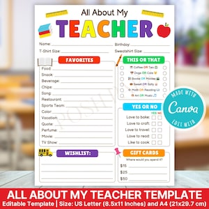 All About My Teacher Editable | Printable Teacher Favorite Things Questionnaire | Getting to Know My Teacher | Back to School Teacher