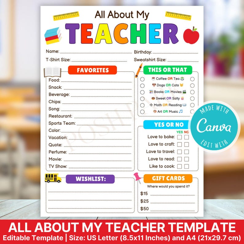 All About My Teacher Editable | Printable Teacher Favorite Things ...