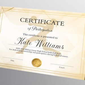 Printable Volleyball Awards, Volleyball Certificate Template For Girls, Volleyball Gifts, Sport Participation Achievement Award