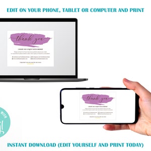 K&ouml;nnte beinhalten: Ein digitales Mockup einer Dankeskarte mit einem violetten Aquarellhintergrund und dem Text "Danke". Die Karte enth&auml;lt auch den Text "Ich hoffe, Sie genie&szlig;en Ihre Bestellung".