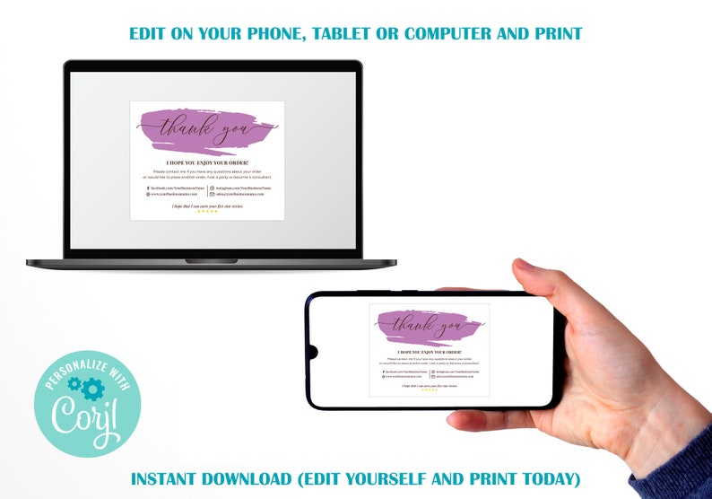 K&ouml;nnte beinhalten: Ein digitales Mockup einer Dankeskarte mit einem violetten Aquarellhintergrund und dem Text "Danke". Die Karte enth&auml;lt auch den Text "Ich hoffe, Sie genie&szlig;en Ihre Bestellung".