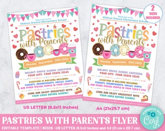 Editable Pastries With Parents Flyer, Parent Appreciation Open House, Meet and Greet, PTA PTO School Breakfast Printable