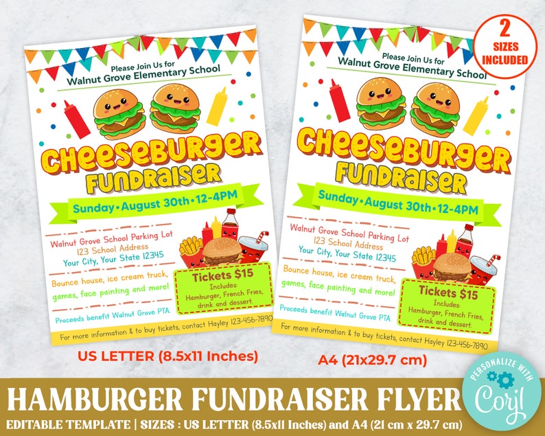 Editable Hamburger Fundraiser Flyer Cheeseburger Charity - Etsy