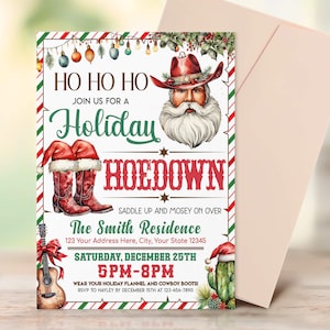 Editable Christmas Hoedown Invitation, Cowboy Santa, Holiday Party Invite, Ho Ho Hoedown, Western Christmas Xmas Invite,