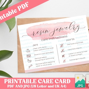 Printable PDF Resin Jewelry Care Card, Resin Jewelry Care Instructions, Resin Care Card Template, Care Card Digital, INSTANT DOWNLOAD
