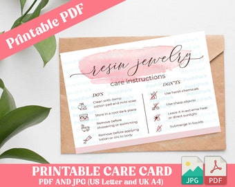 Printable PDF Resin Jewelry Care Card, Resin Jewelry Care Instructions, Resin Care Card Template, Care Card Digital, INSTANT DOWNLOAD