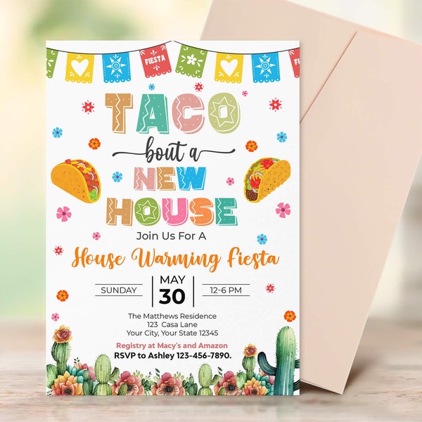 Taco Bout A New House Invitation Template | Mexican Themed Housewarming Invitation | Mexican Fiesta Printable Invitation