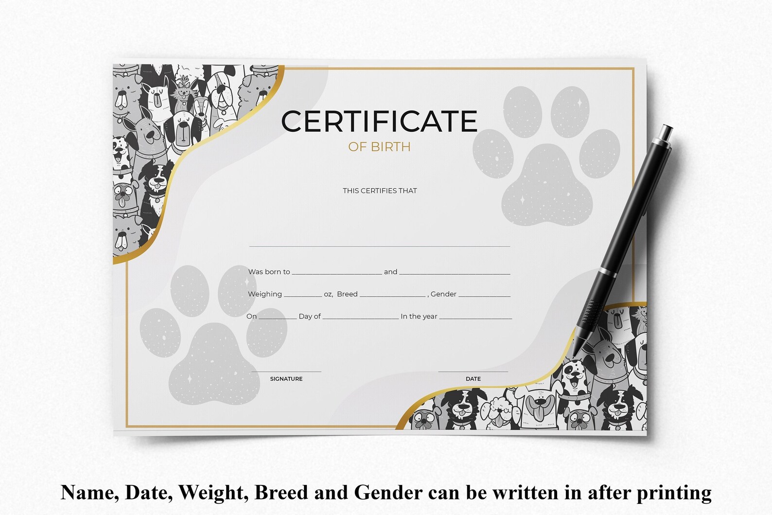 PRINTABLE Blank PDF Dog Birth Certificate Template, New Puppy Printable