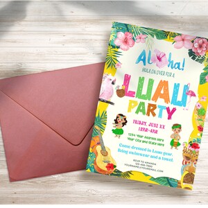 May include: A colorful invitation for a Luau party with a tropical theme. The invitation features a pink flamingo, a parrot, a ukulele, and a tiki mask. The text on the invitation reads "Aloha! Hula on over for a Luau Party".