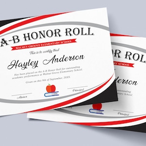 Editable AB Honor Roll Certificate Template, Red Black School Award Printable Award, Elementary High School Award, Certificate Download