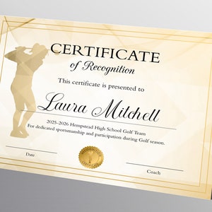 Editable Golf Certificate Template for Girls, DIY Golf Recognition Award Printable Certificate