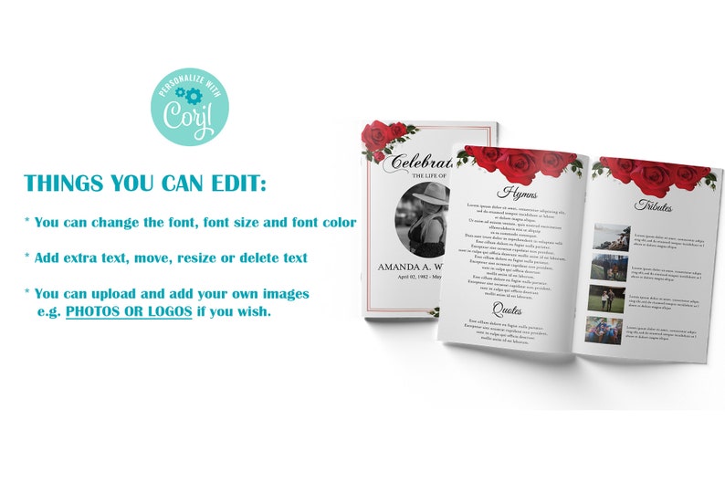 8 Page Red Rose Funeral Program Template Editable Minimalist | Etsy