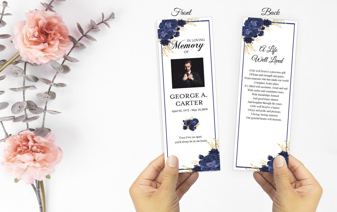 Editable Funeral Bookmark Template Printable, Navy Blue Obituary ...