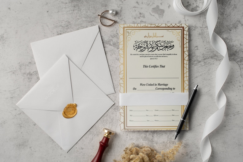 May include: A white envelope with a gold wax seal. A gold and white marriage certificate with Arabic calligraphy and the text "This Certifies That" and "Were United in Marriage".