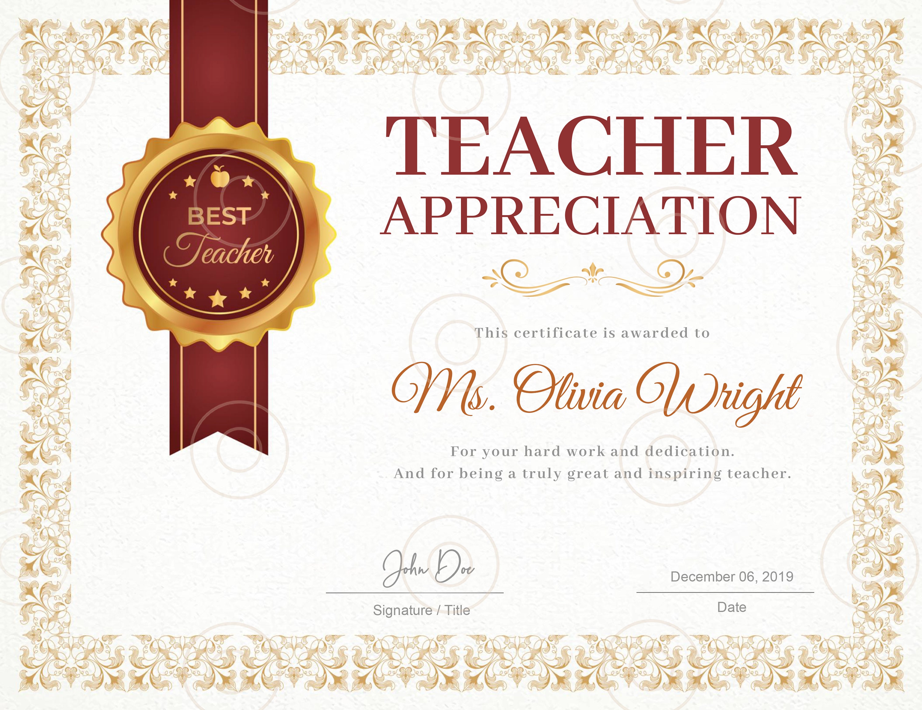 Teacher Appreciation Award Certificate Template Teacher Gift Etsy