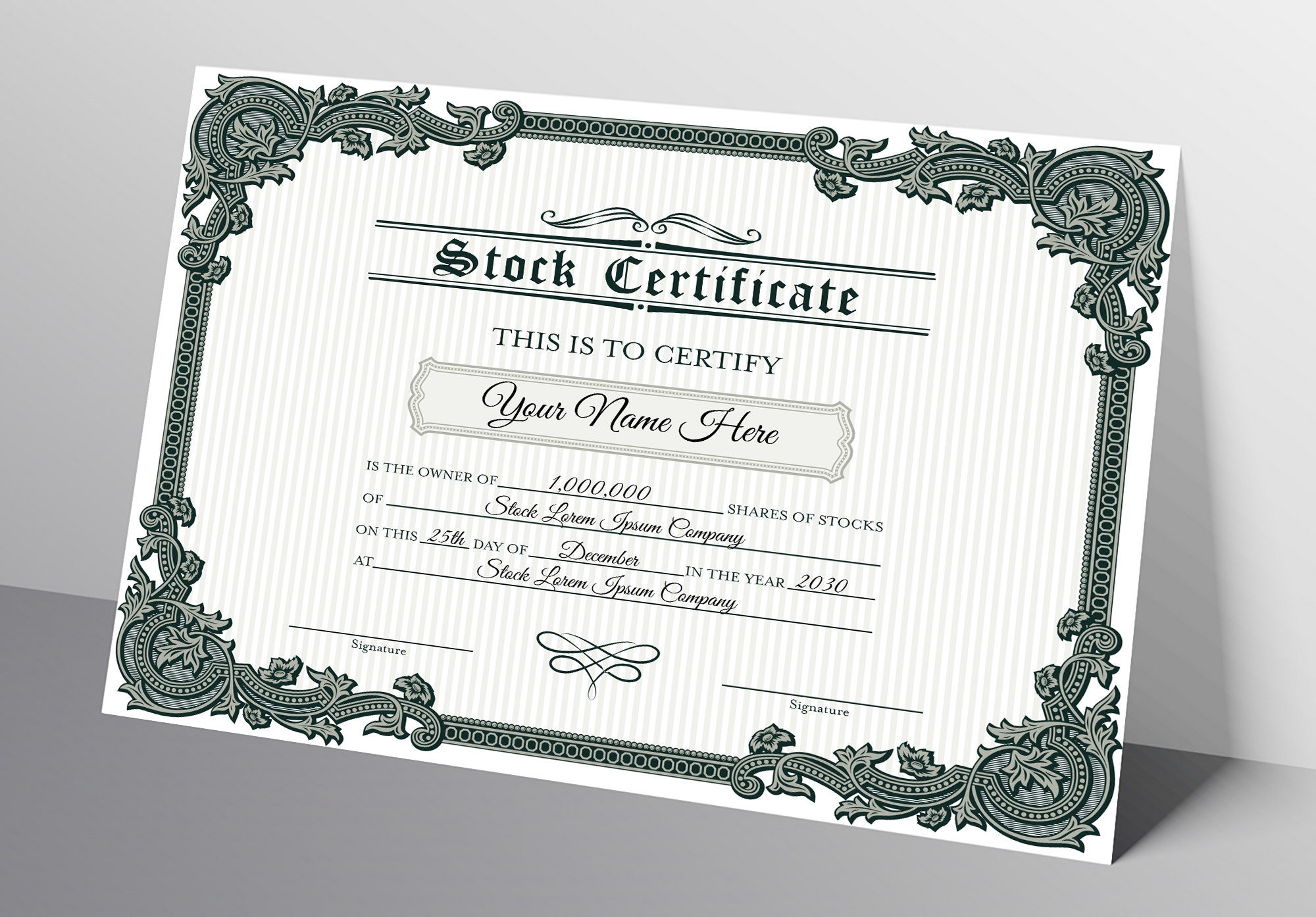 EDITABLE Stock Certificate Template DIY Certificate of Stock 