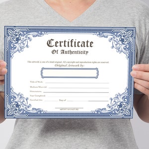 Certificato di autenticità vuoto STAMPABILE, certificato di autenticità fai da te blu, PDF scaricabile immediatamente