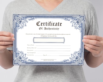 PRINTABLE Blank Certificate of Authenticity, Blue DIY Authenticity Certificate, Instant Download PDF