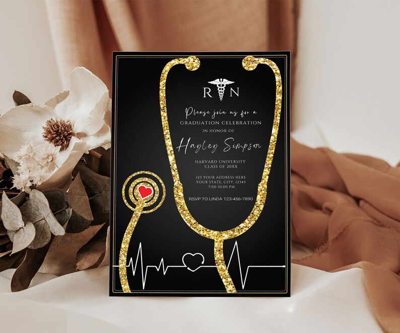 Nurse Graduation Invitation Black and Gold, Nursing Grad Invite Template, Graduation Party Invitation