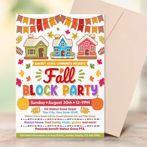 Editable Fall Block Party Flyer, ThanksgivingHalloween Invitation, Autumn Neighborhood Halloween Party Invite Flyer, Church School Festival