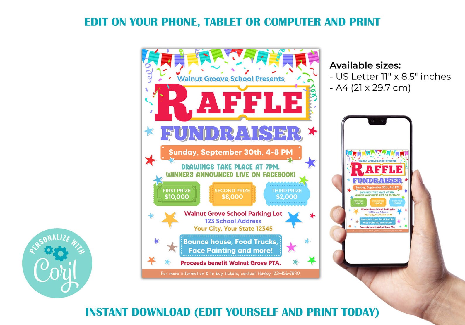 Pta Raffle Editable Raffle Fundraiser Flyer, School Pto Pta Church Fundraiser ...