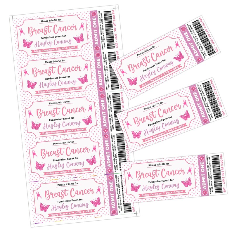 Editable Breast Cancer Fundraiser Ticket | DIY Pink Cancer Benefit ...