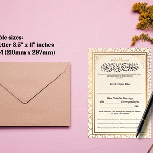 May include: A white and gold Islamic marriage certificate with Arabic calligraphy and the text "This Certifies That" and "Were United in Marriage". The certificate is available in two sizes: US Letter (8.5 x 11 inches) and UK A4 (210mm x 297mm).
