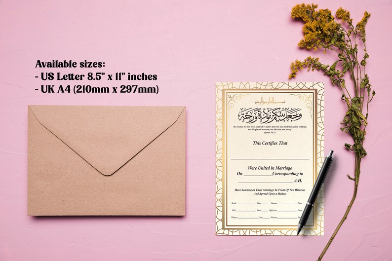 May include: A white and gold Islamic marriage certificate with Arabic calligraphy and the text "This Certifies That" and "Were United in Marriage". The certificate is available in two sizes: US Letter (8.5 x 11 inches) and UK A4 (210mm x 297mm).
