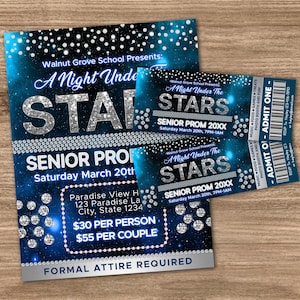 A Night Under The Stars Prom Invitation Flyer and Ticket Bundle Template, School Dance  Invite, Prom Ticket, Starry Night,