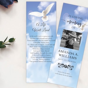 Editable Funeral Bookmark Template, Blue Sky White Dove Funeral Bookmark Personalized, Funeral Keepsakes for Guest