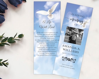 Editable Funeral Bookmark Template, Blue Sky White Dove Funeral Bookmark Personalized, Funeral Keepsakes for Guest