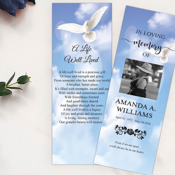 Editable Funeral Bookmark Template, Blue Sky White Dove Funeral Bookmark Personalized, Funeral Keepsakes for Guest