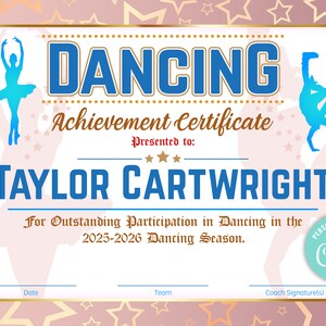 EDITABLE Dancer Certificate, Dancing Award, Dancer Printable