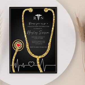 Nurse Graduation Invitation Black and Gold, Nursing Grad Invite Template, Graduation Party Invitation