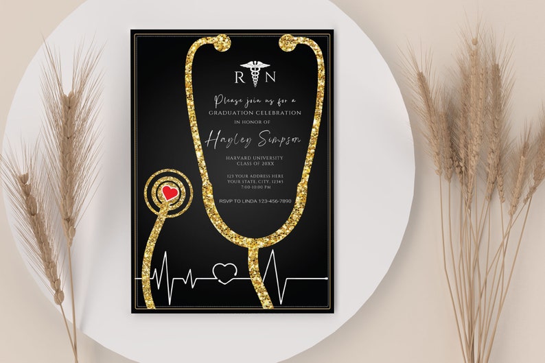 Nurse Graduation Invitation Black and Gold, Nursing Grad Invite Template, Graduation Party Invitation