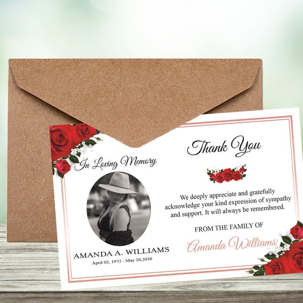 Thank You Post Card, Photo Thank You, Red Rose Funeral Thank You Card Template, Sympathy Thank You