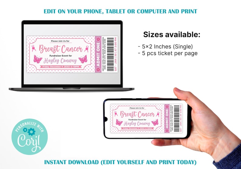 Editable Breast Cancer Fundraiser Ticket | DIY Pink Cancer Benefit ...