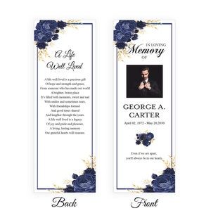 Editable Funeral Bookmark Template Printable, Navy Blue Obituary Bookmark Funeral Keepsake