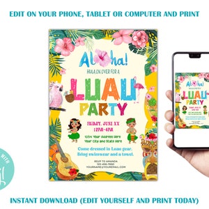 May include: A colorful printable invitation for a Luau party. The invitation features a tropical design with palm leaves, flowers, and a ukulele. The text on the invitation reads "Aloha! Hula on over for a Luau Party".