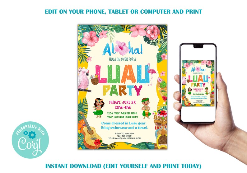 May include: A colorful printable invitation for a Luau party. The invitation features a tropical design with palm leaves, flowers, and a ukulele. The text on the invitation reads "Aloha! Hula on over for a Luau Party".
