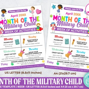 Editable Month of Military Child Week of Activities Flyer, PTO PTA School Activity Flyer, Week Itinerary Schedule Template, Planner Flyer