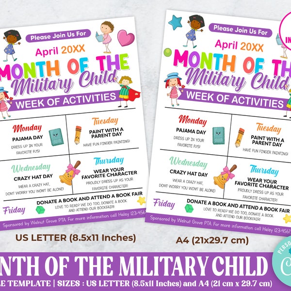 Editable Month of Military Child Week of Activities Flyer, PTO PTA School Activity Flyer, Week Itinerary Schedule Template, Planner Flyer