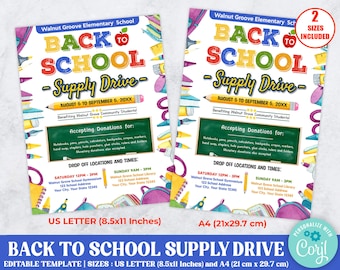 Editable Back to School Supply Drive Flyer, PTO PTA School Flyer, School Drive Template, Digital Printable, Instant Download
