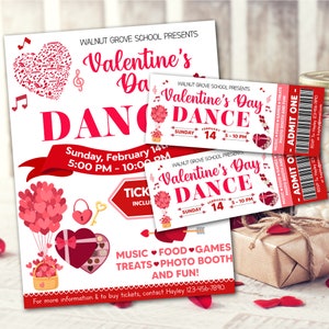 Editable Valentine's Day Dance Flyer and Ticket Bundle, Valentine School Dance Set  Template, School Dance Printable,