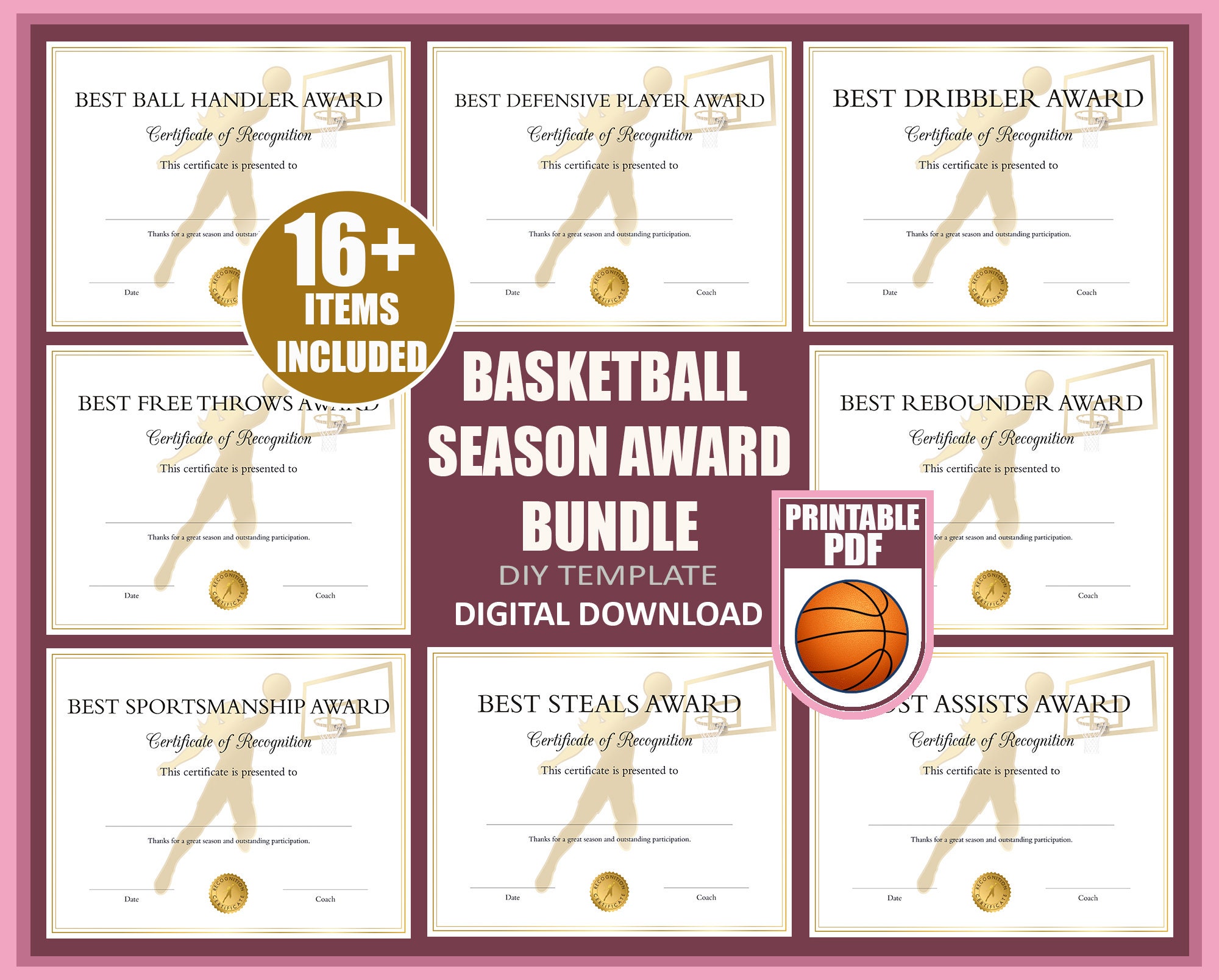 PRINTABLE PDF End of Season Basketball Award Certificates for Girls,16 Award Ceremony Sports Certificates