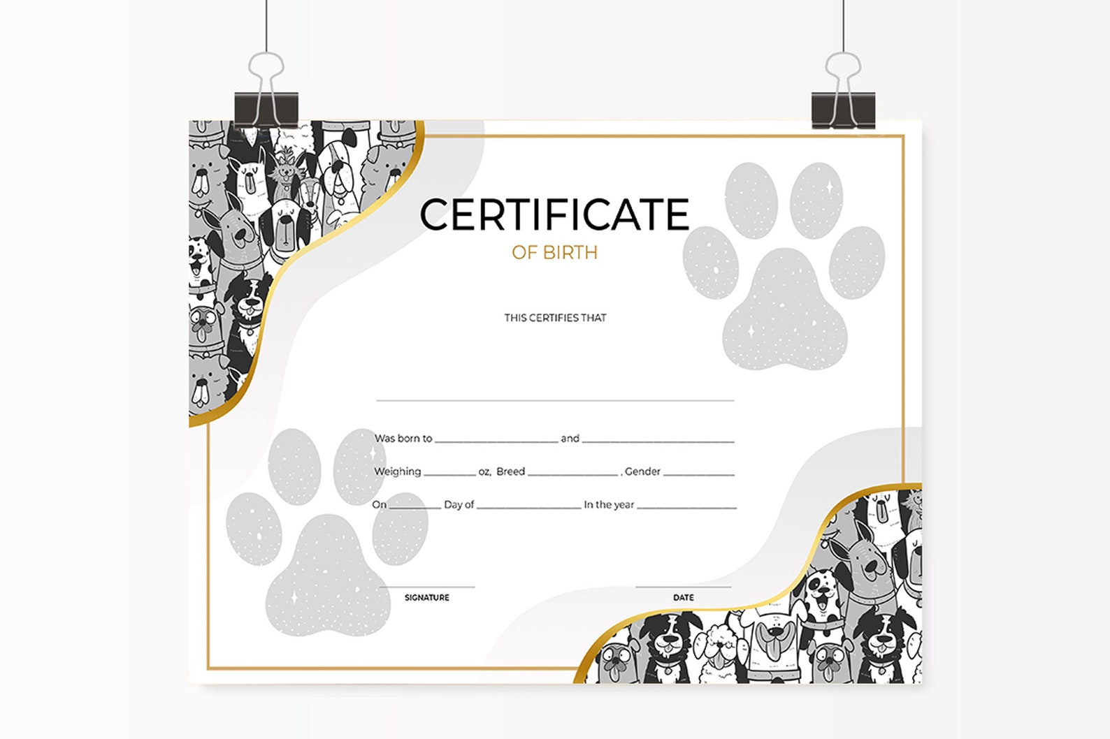 PRINTABLE Blank PDF Dog Birth Certificate Template, New Puppy Printable